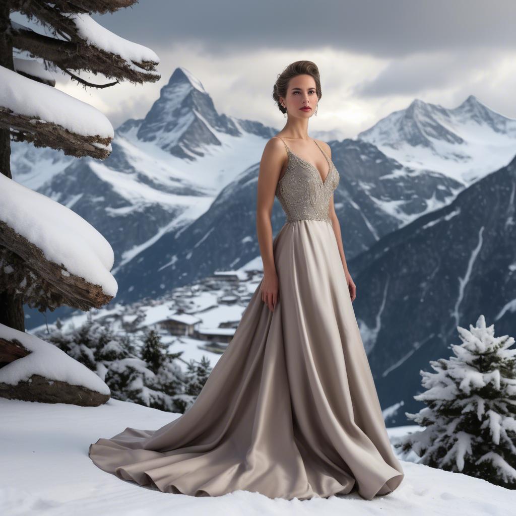 A stunning image of swiss beauty wearing an elegant evening gown poised in a snowy alpine backdrop.
