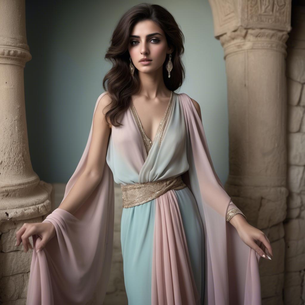 A stunning image of syrian muse draped in refined pastel chiffon exuding subtle middle eastern allure.