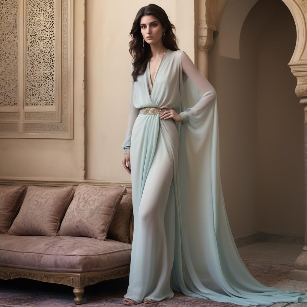 A stunning image of syrian muse draped in refined pastel chiffon exuding subtle middle eastern allure.