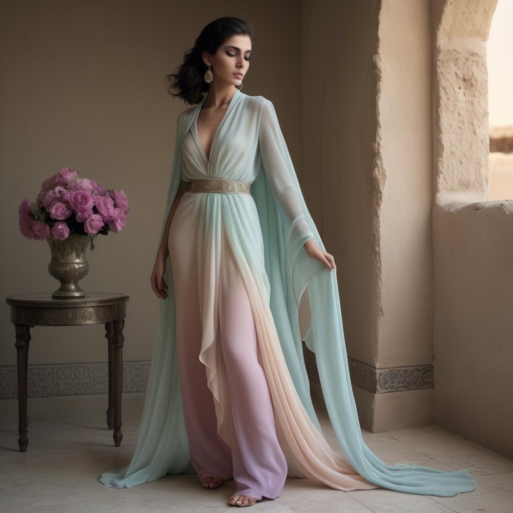A stunning image of syrian muse draped in refined pastel chiffon exuding subtle middle eastern allure.