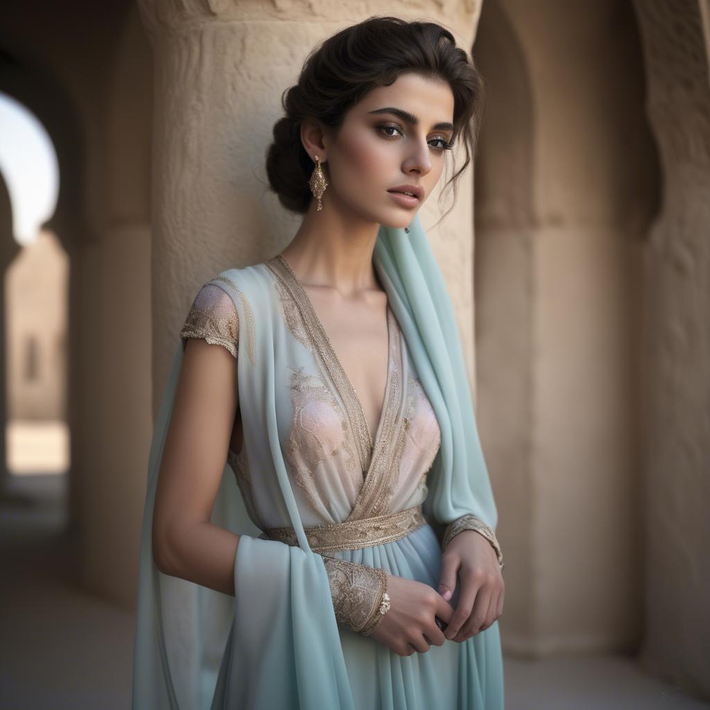 A stunning image of syrian muse draped in refined pastel chiffon exuding subtle middle eastern allure.