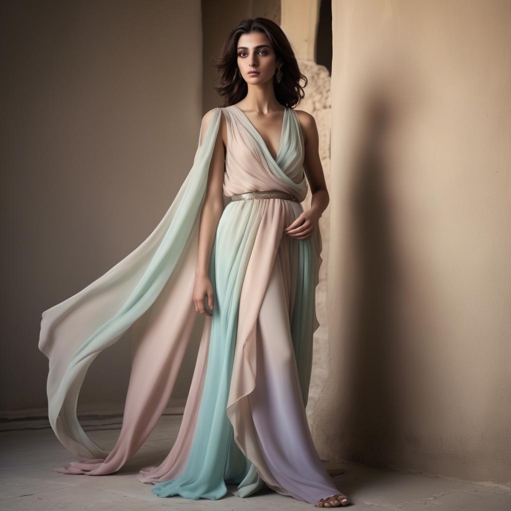 A stunning image of syrian muse draped in refined pastel chiffon exuding subtle middle eastern allure.
