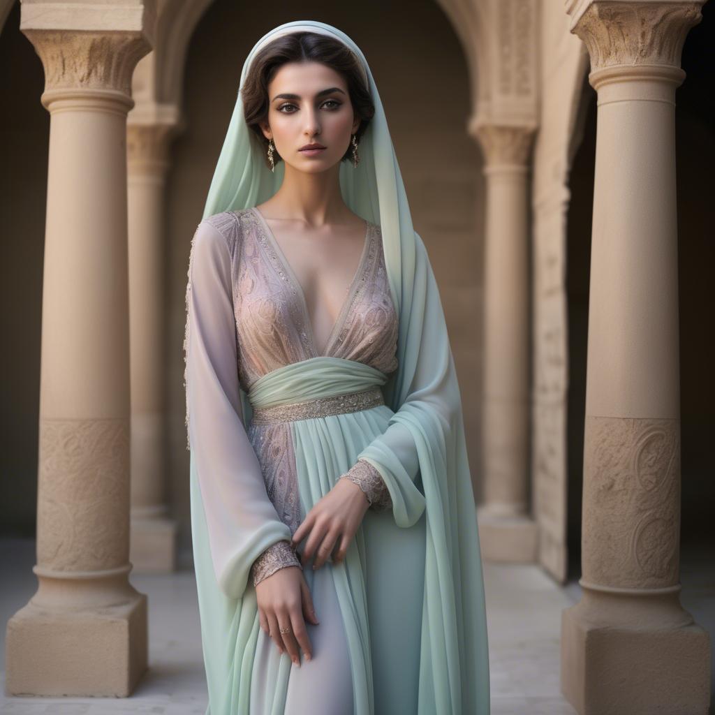 A stunning image of syrian muse draped in refined pastel chiffon exuding subtle middle eastern allure.