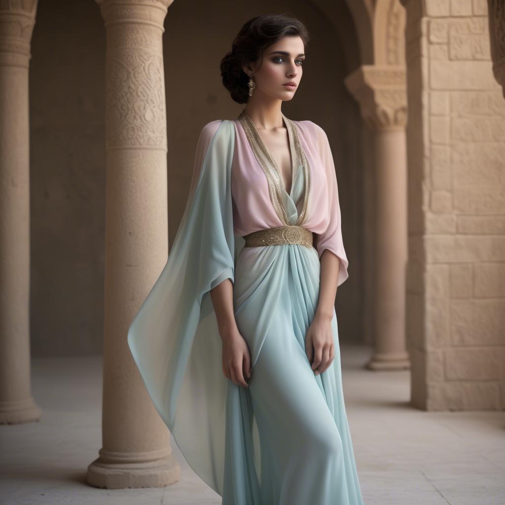 A stunning image of syrian muse draped in refined pastel chiffon exuding subtle middle eastern allure.