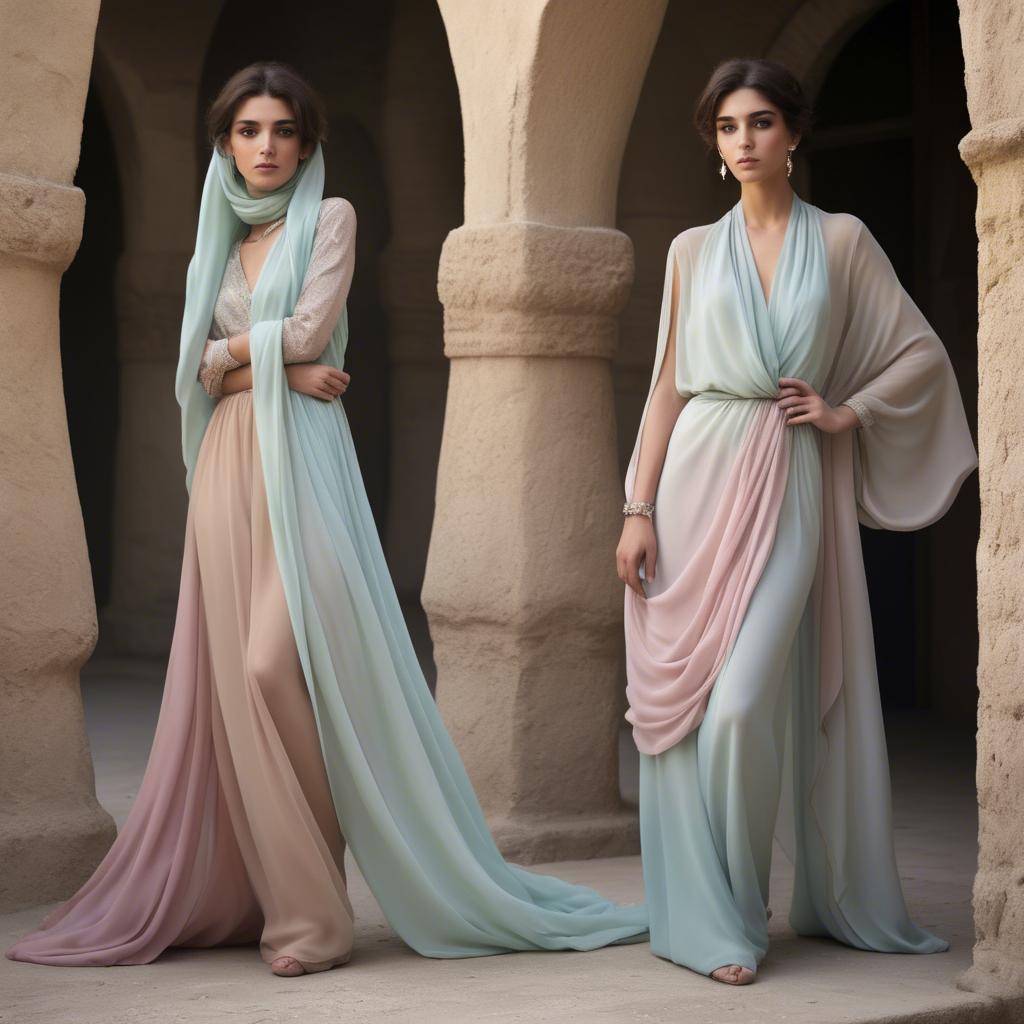 A stunning image of syrian muse draped in refined pastel chiffon exuding subtle middle eastern allure.