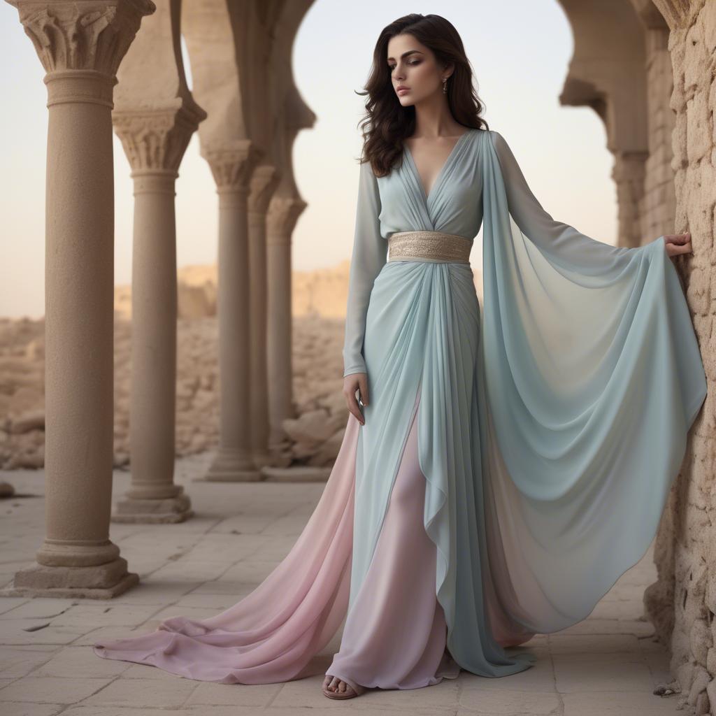 A stunning image of syrian muse draped in refined pastel chiffon exuding subtle middle eastern allure.