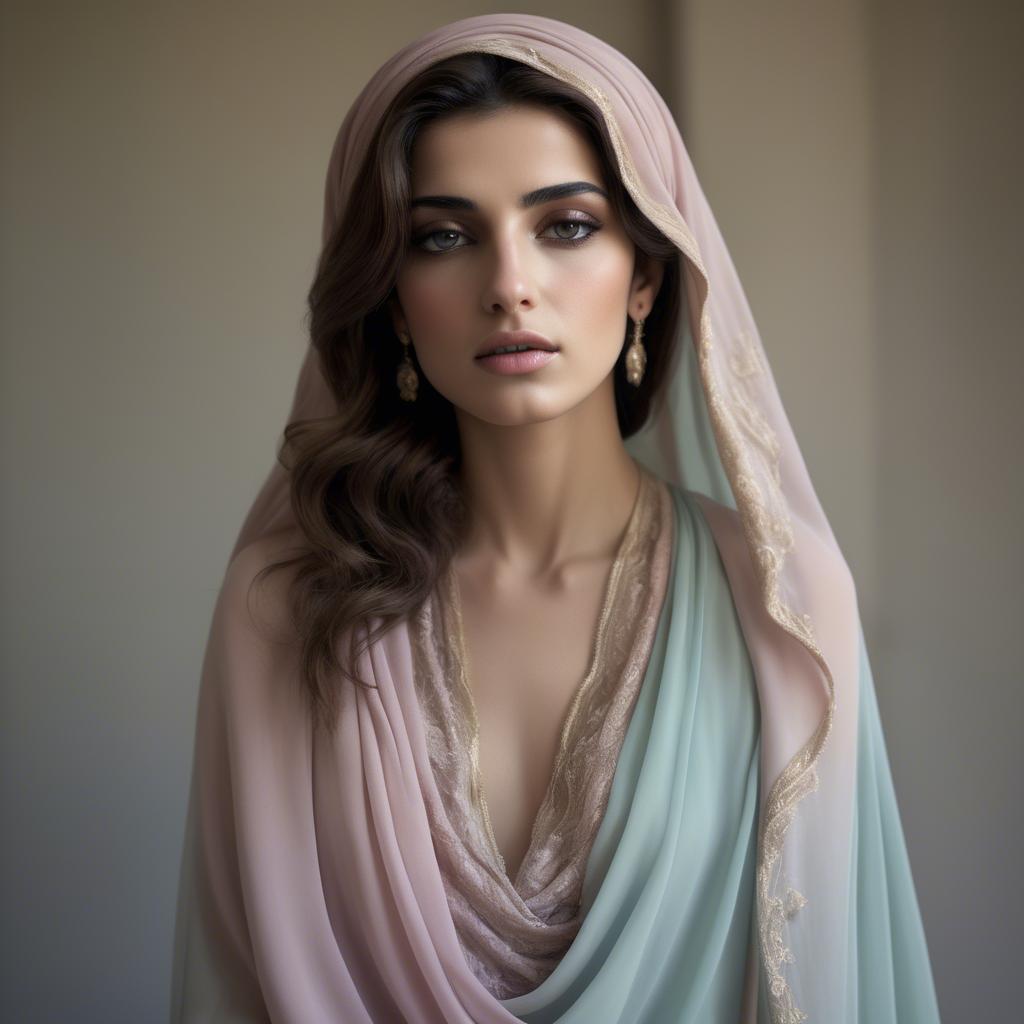 A stunning image of syrian muse draped in refined pastel chiffon exuding subtle middle eastern allure.