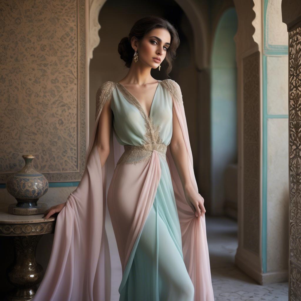 A stunning image of syrian muse draped in refined pastel chiffon exuding subtle middle eastern allure.