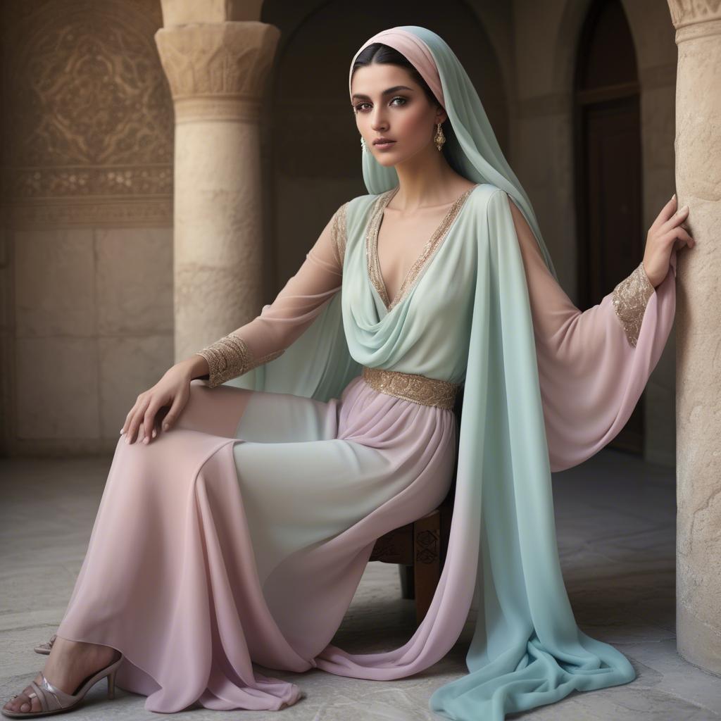 A stunning image of syrian muse draped in refined pastel chiffon exuding subtle middle eastern allure.