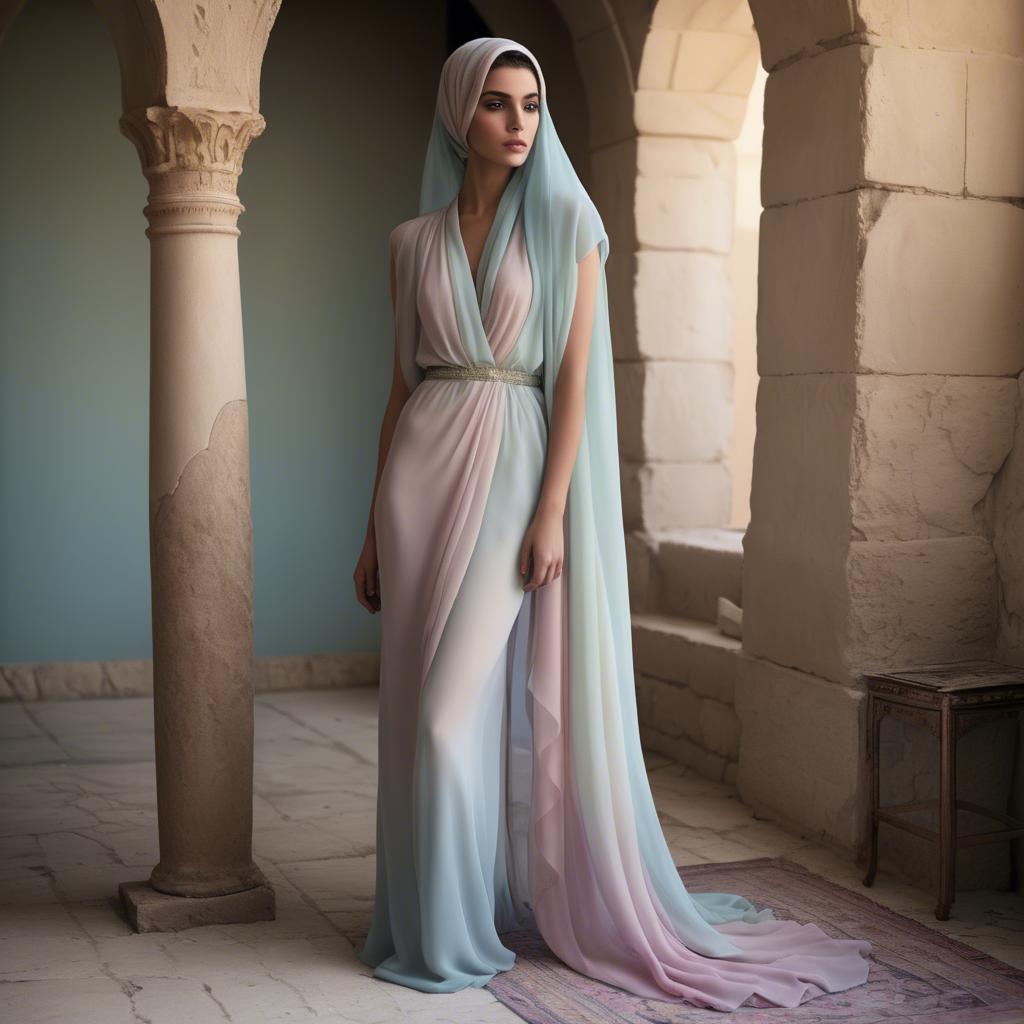 A stunning image of syrian muse draped in refined pastel chiffon exuding subtle middle eastern allure.