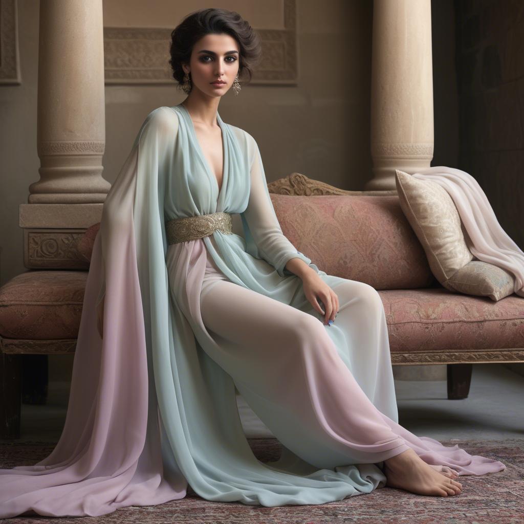 A stunning image of syrian muse draped in refined pastel chiffon exuding subtle middle eastern allure.