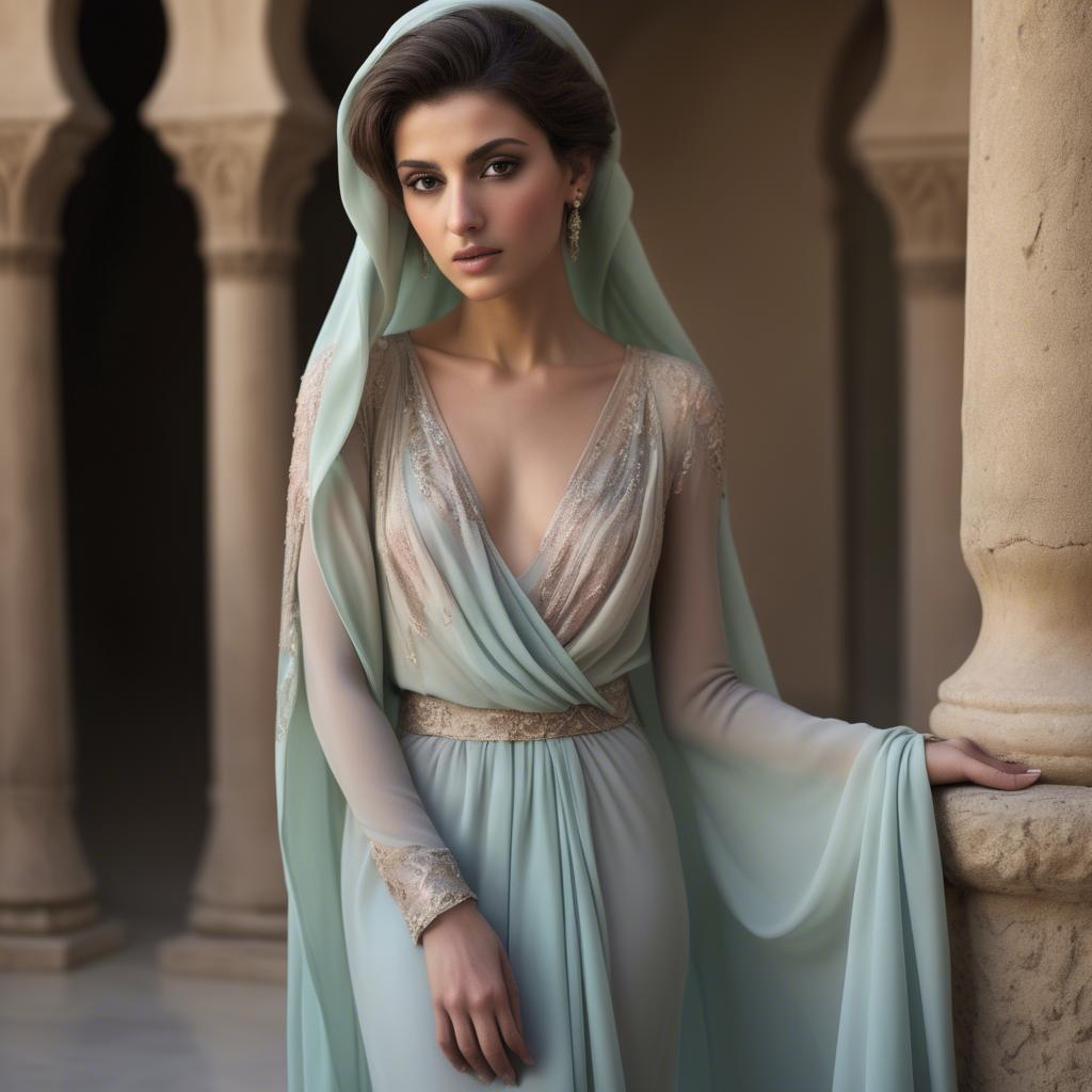 A stunning image of syrian muse draped in refined pastel chiffon exuding subtle middle eastern allure.