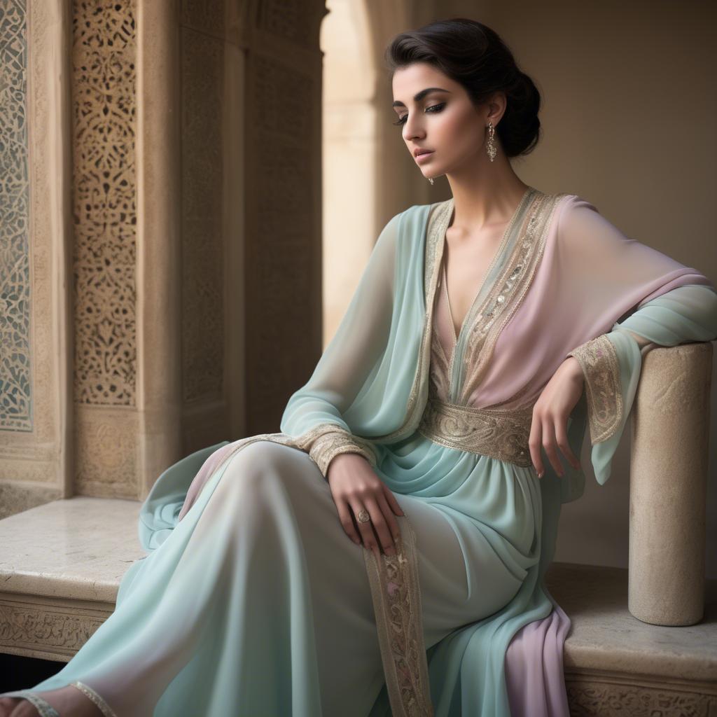 A stunning image of syrian muse draped in refined pastel chiffon exuding subtle middle eastern allure.