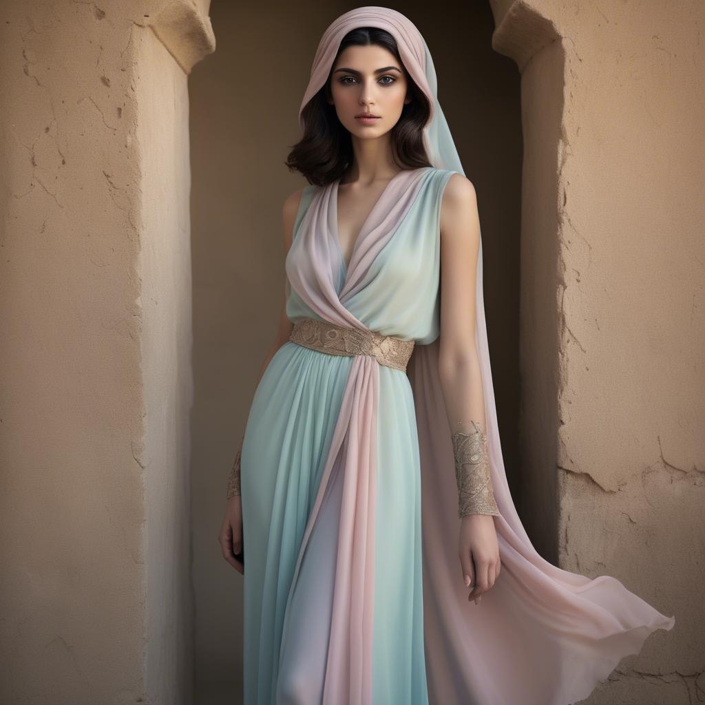A stunning image of syrian muse draped in refined pastel chiffon exuding subtle middle eastern allure.