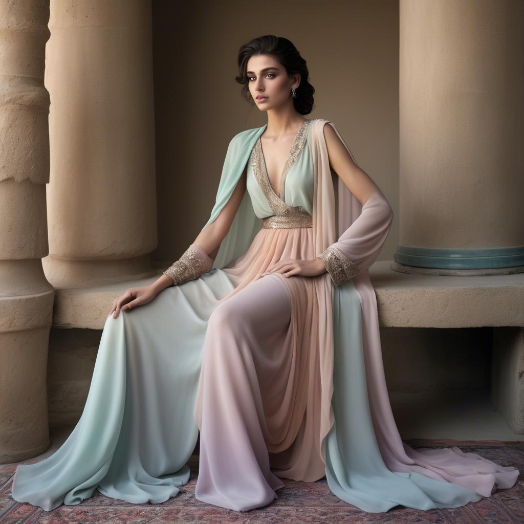 A stunning image of syrian muse draped in refined pastel chiffon exuding subtle middle eastern allure.