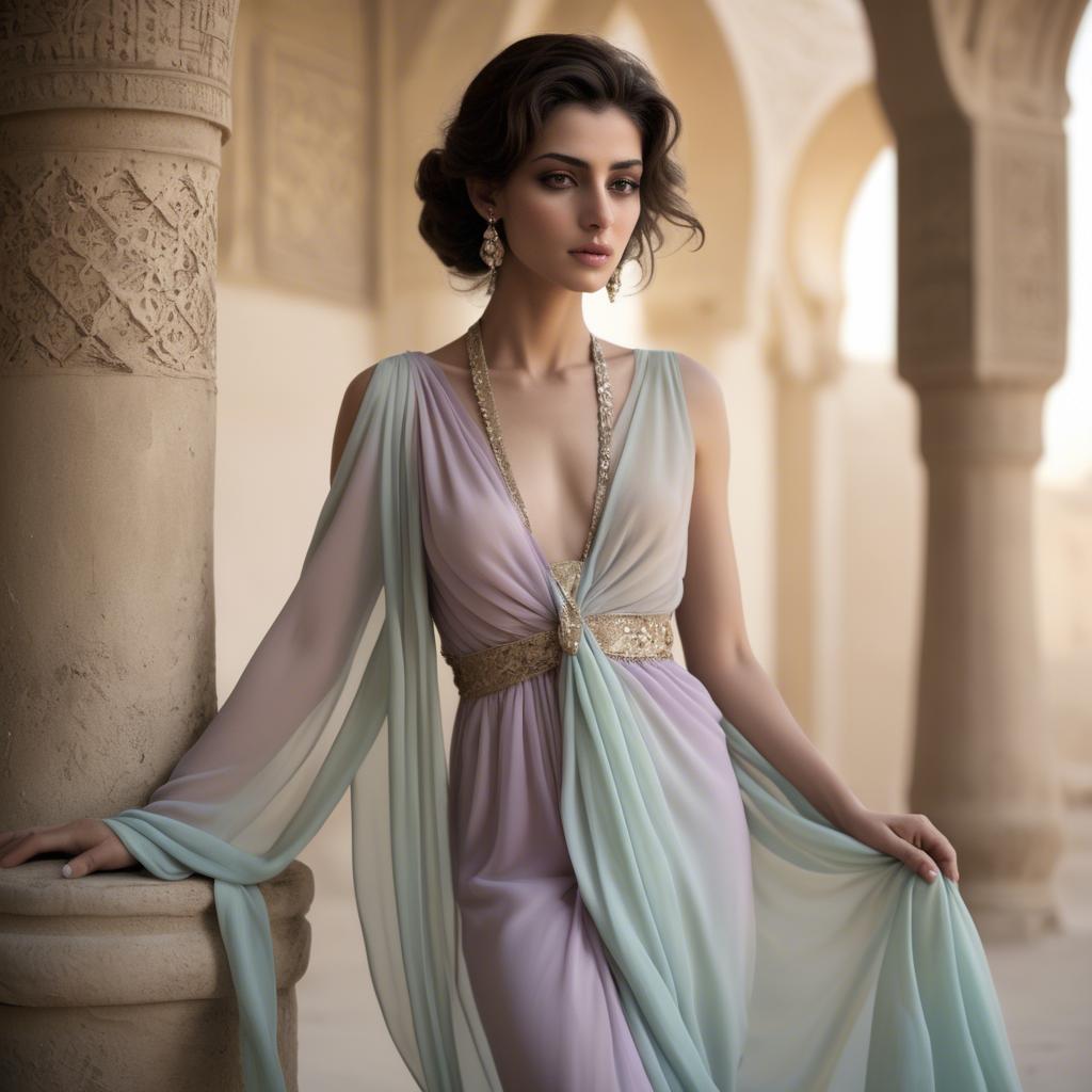A stunning image of syrian muse draped in refined pastel chiffon exuding subtle middle eastern allure.