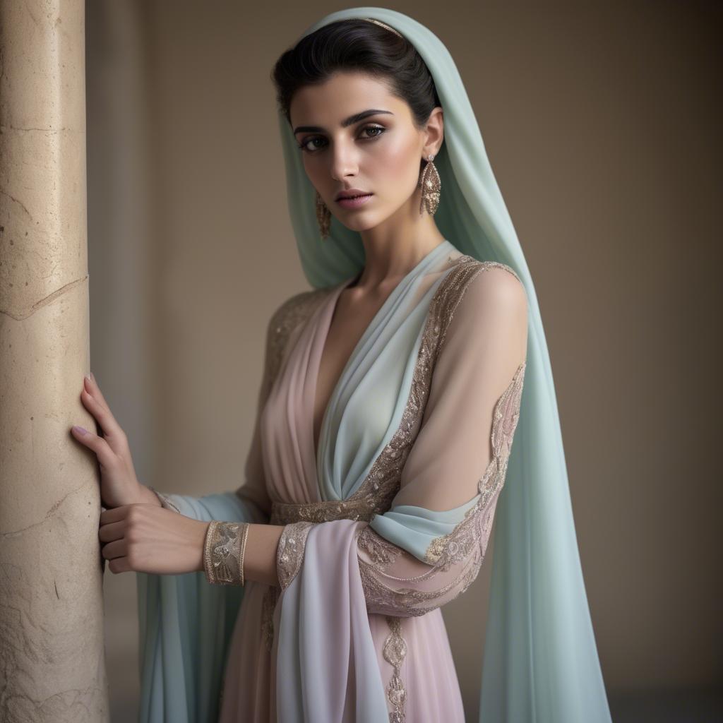 A stunning image of syrian muse draped in refined pastel chiffon exuding subtle middle eastern allure.