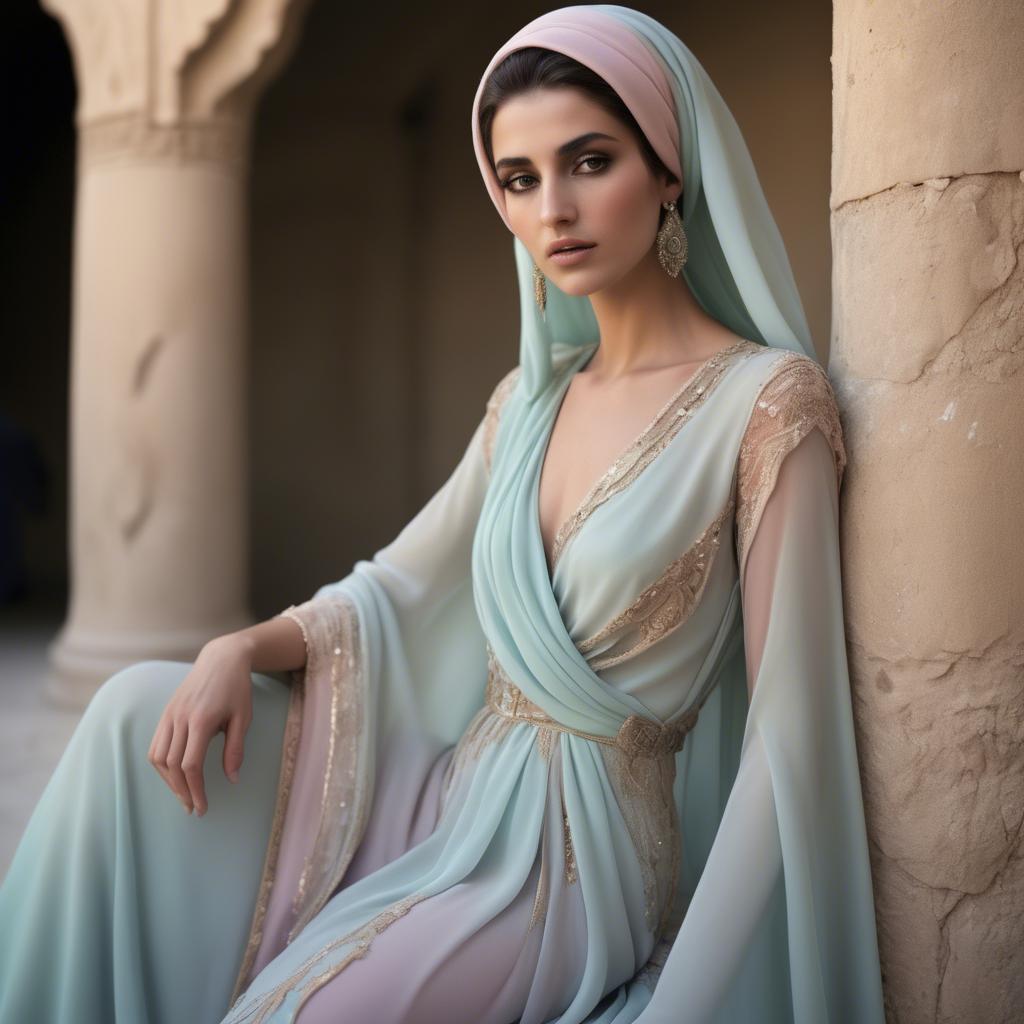 A stunning image of syrian muse draped in refined pastel chiffon exuding subtle middle eastern allure.