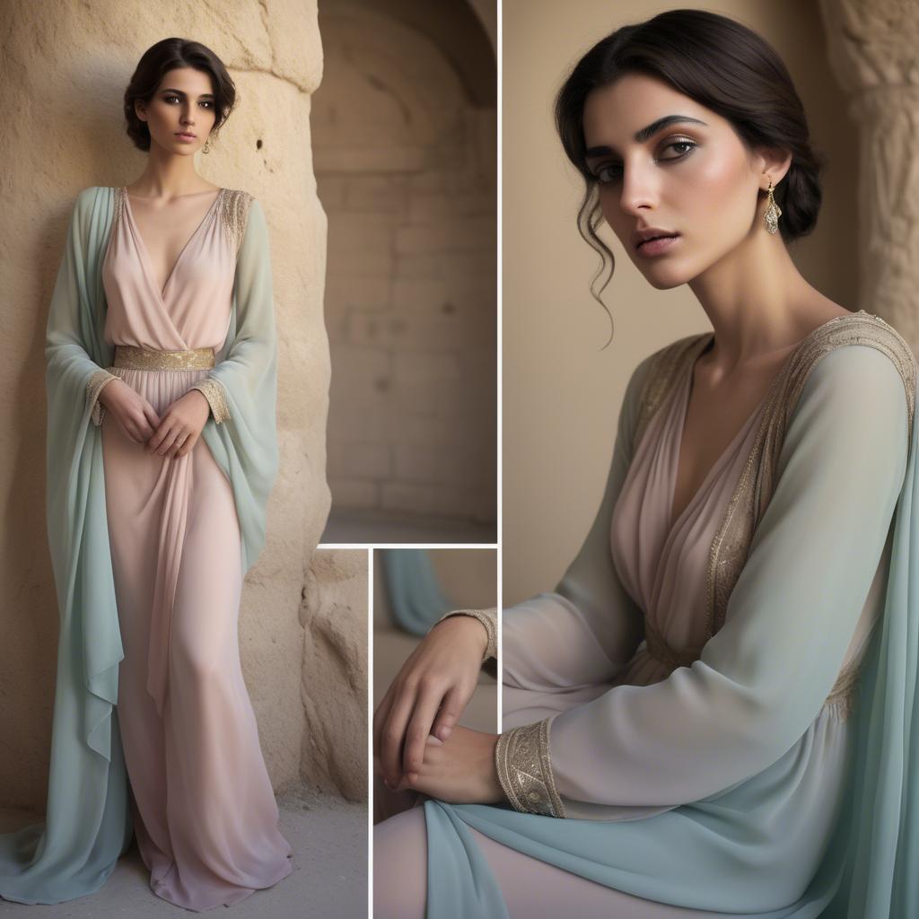 A stunning image of syrian muse draped in refined pastel chiffon exuding subtle middle eastern allure.