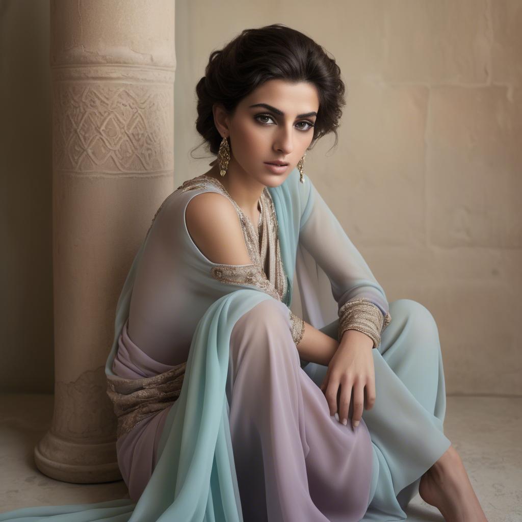 A stunning image of syrian muse draped in refined pastel chiffon exuding subtle middle eastern allure.