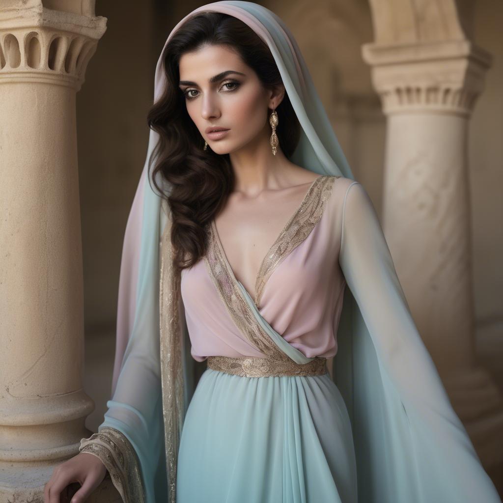 A stunning image of syrian muse draped in refined pastel chiffon exuding subtle middle eastern allure.