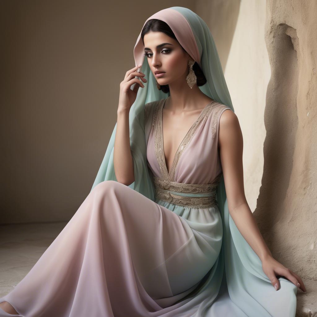 A stunning image of syrian muse draped in refined pastel chiffon exuding subtle middle eastern allure.