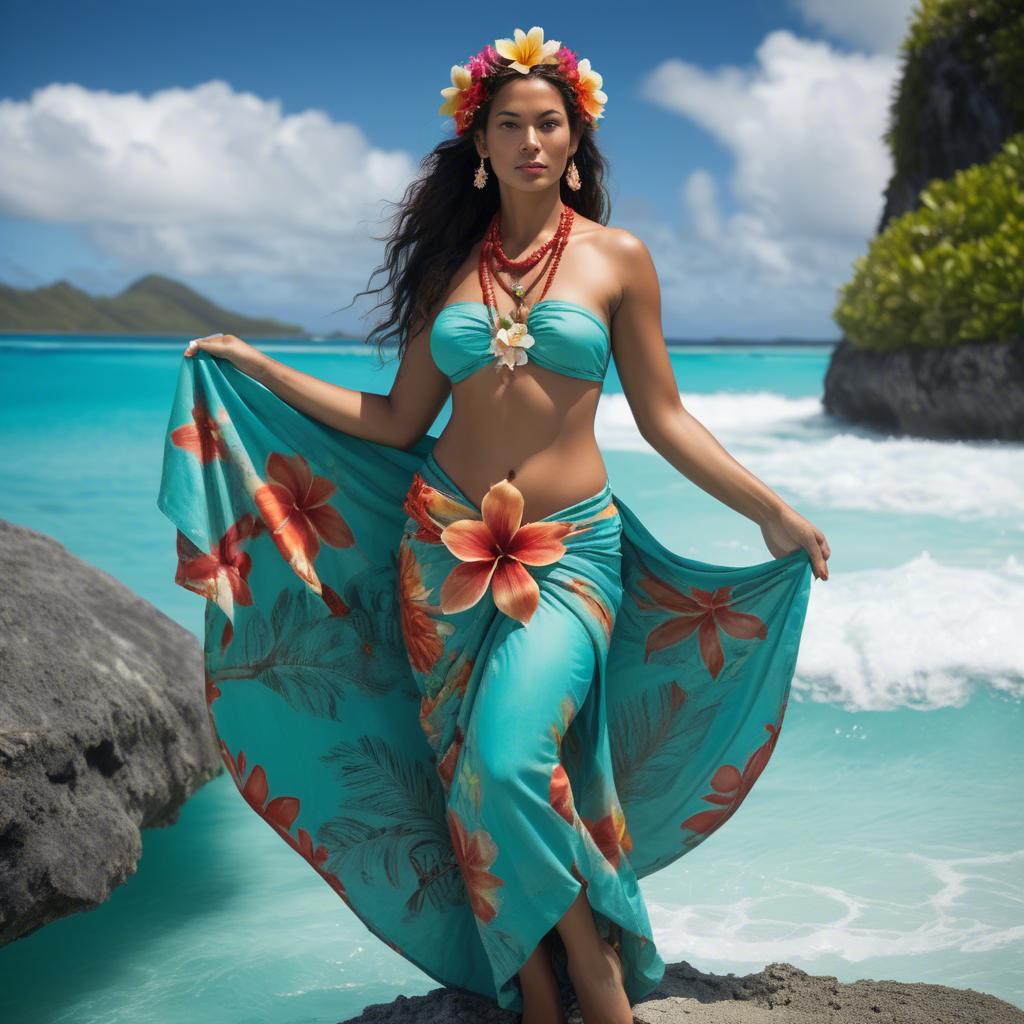 A stunning image of tahitian-inspired goddess in a floral pareo set against turquoise lagoon waters.