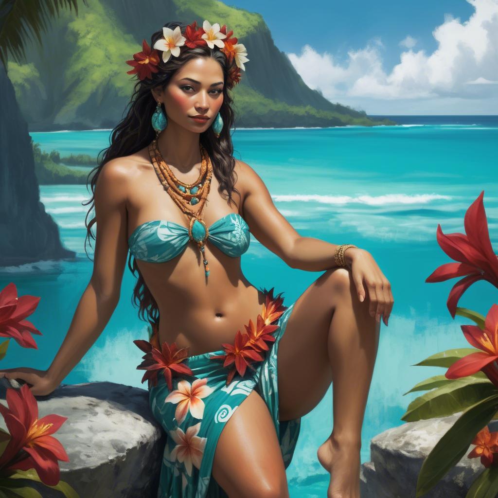 A stunning image of tahitian-inspired goddess in a floral pareo set against turquoise lagoon waters.