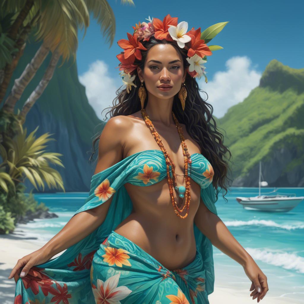 A stunning image of tahitian-inspired goddess in a floral pareo set against turquoise lagoon waters.