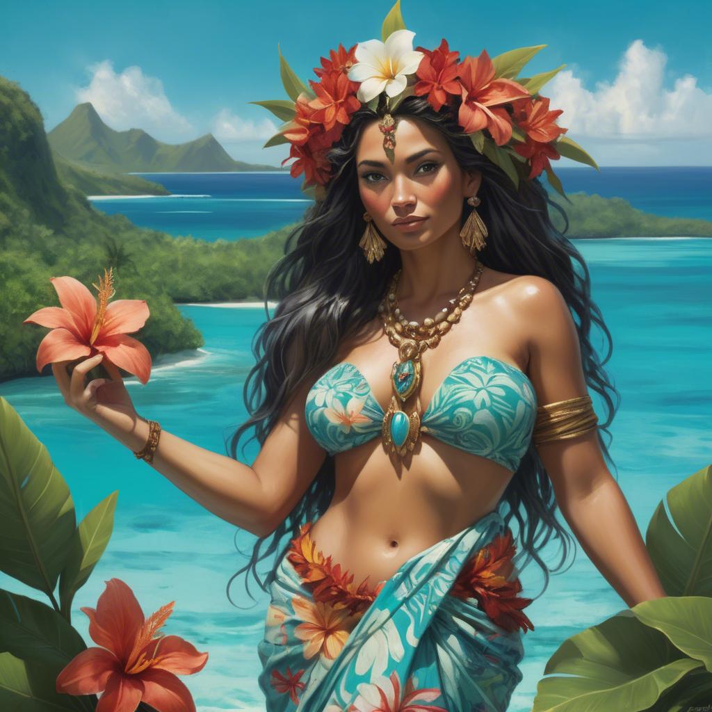 A stunning image of tahitian-inspired goddess in a floral pareo set against turquoise lagoon waters.