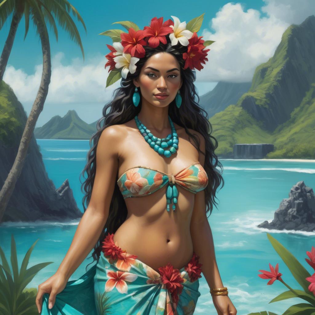 A stunning image of tahitian-inspired goddess in a floral pareo set against turquoise lagoon waters.