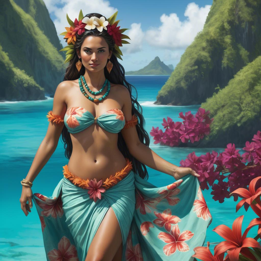 A stunning image of tahitian-inspired goddess in a floral pareo set against turquoise lagoon waters.