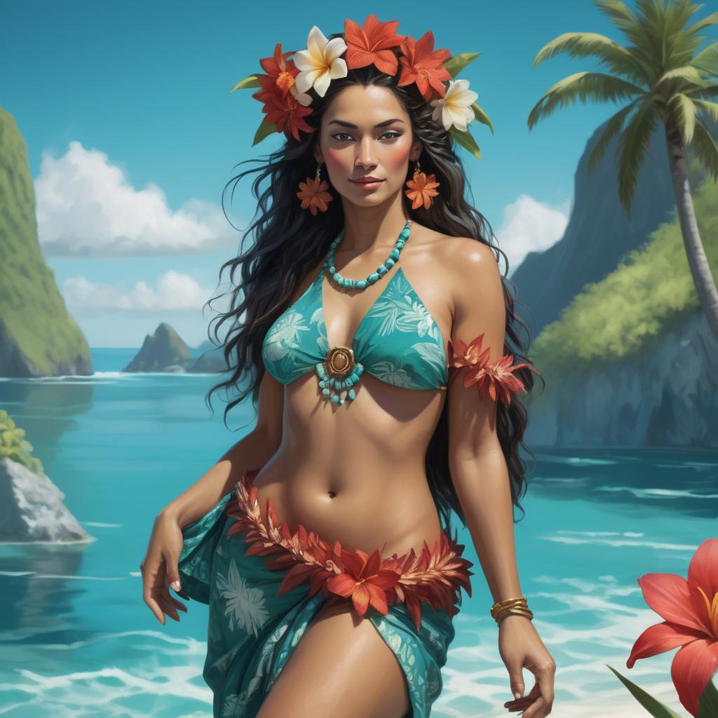 A stunning image of tahitian-inspired goddess in a floral pareo set against turquoise lagoon waters.