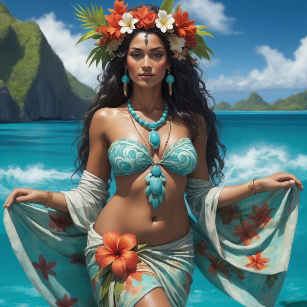 A stunning image of tahitian-inspired goddess in a floral pareo set against turquoise lagoon waters.