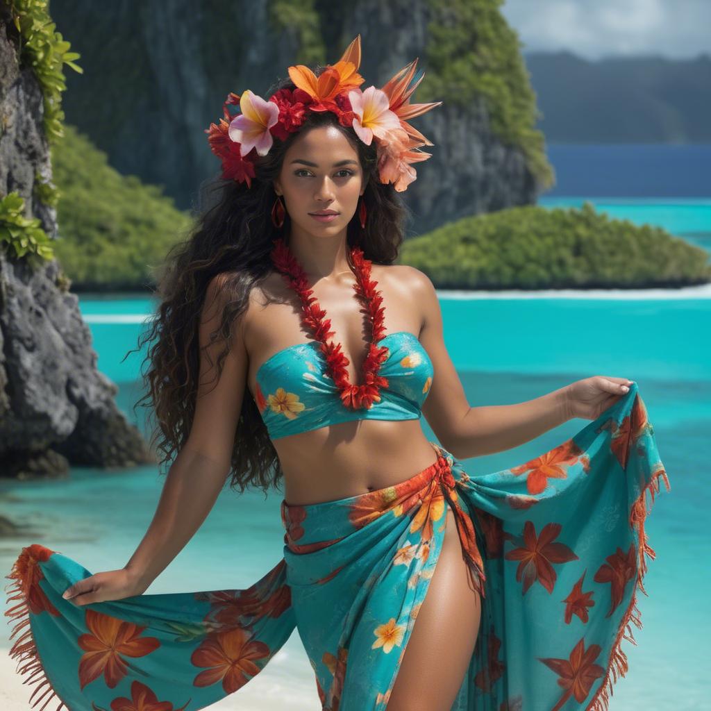 A stunning image of tahitian-inspired goddess in a floral pareo set against turquoise lagoon waters.