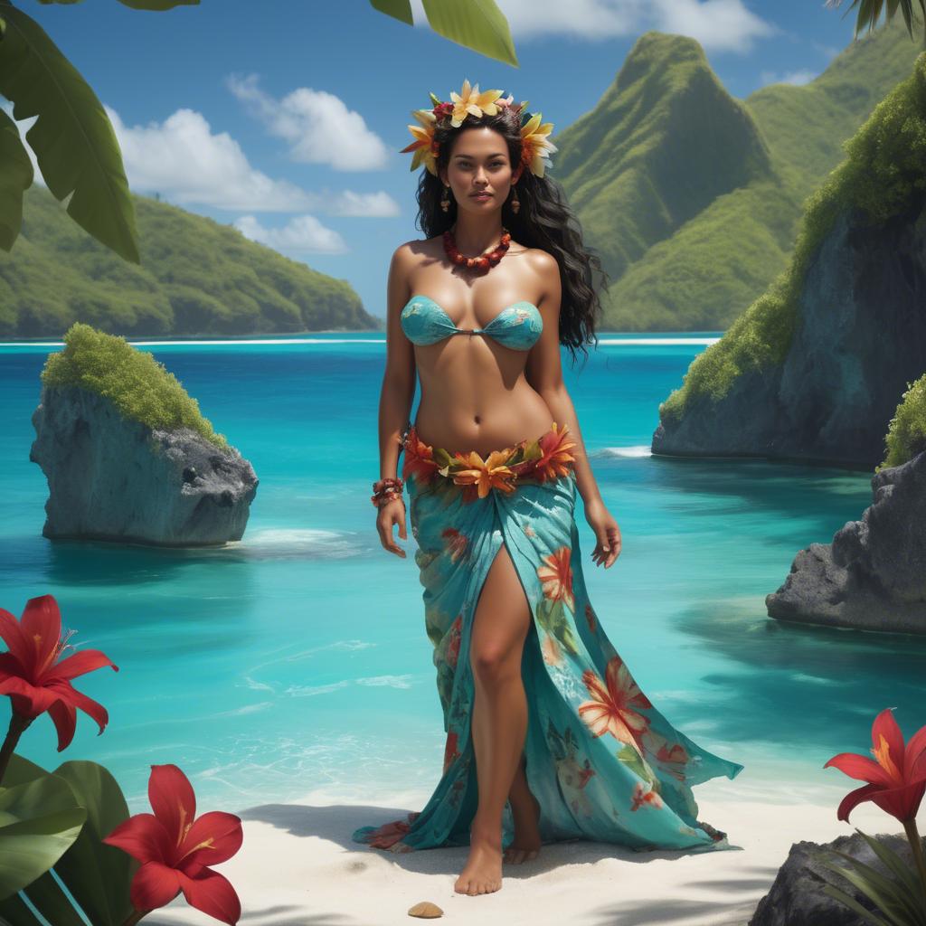 A stunning image of tahitian-inspired goddess in a floral pareo set against turquoise lagoon waters.