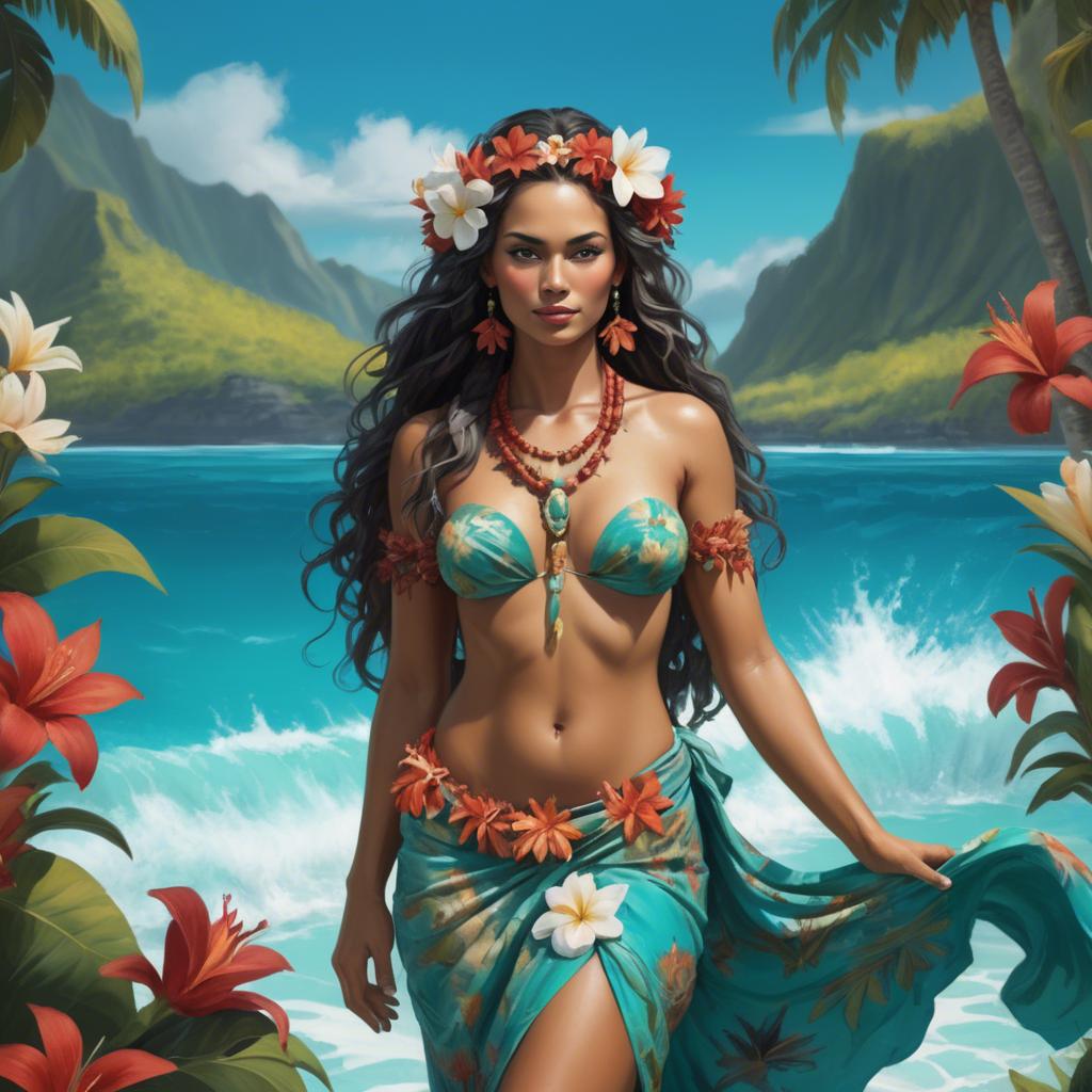 A stunning image of tahitian-inspired goddess in a floral pareo set against turquoise lagoon waters.