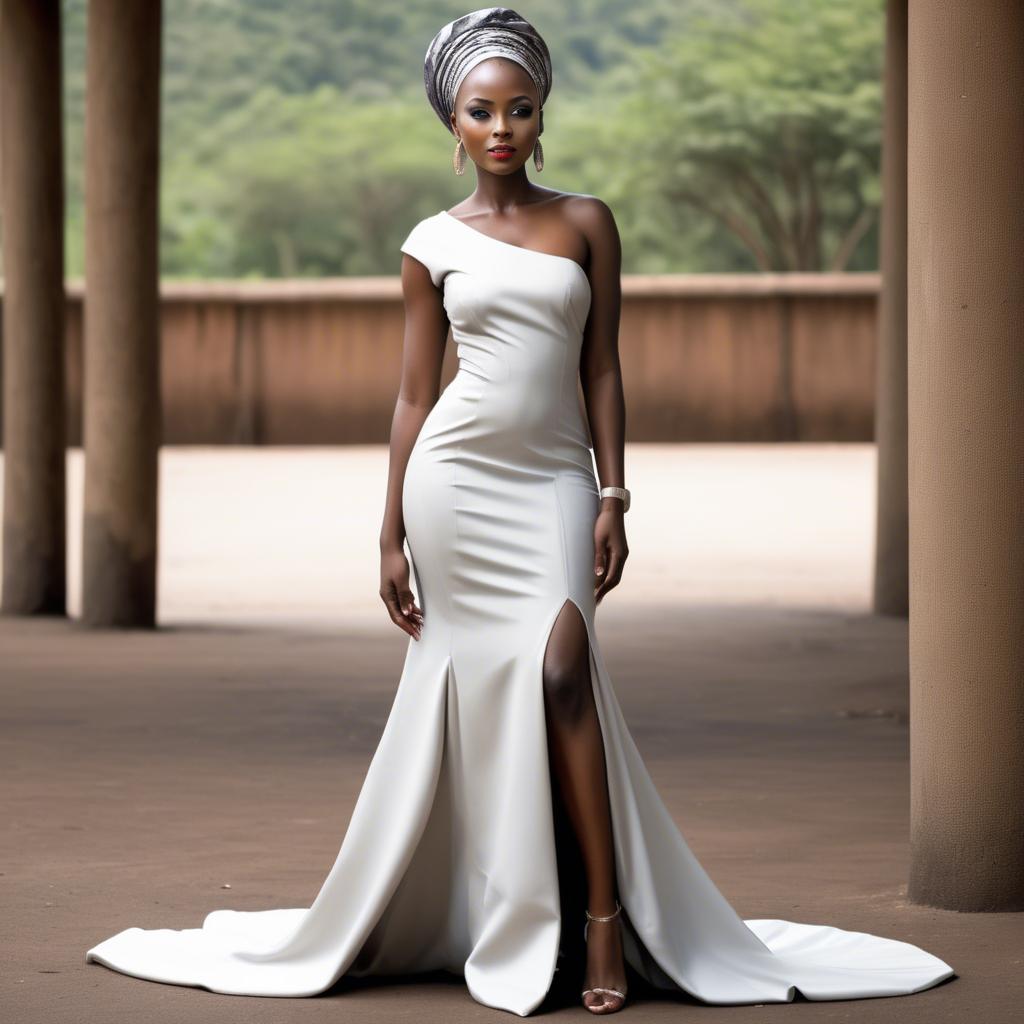 A stunning image of tanzanian enchantress wearing a sleek modern gown reflecting a contemporary african look.