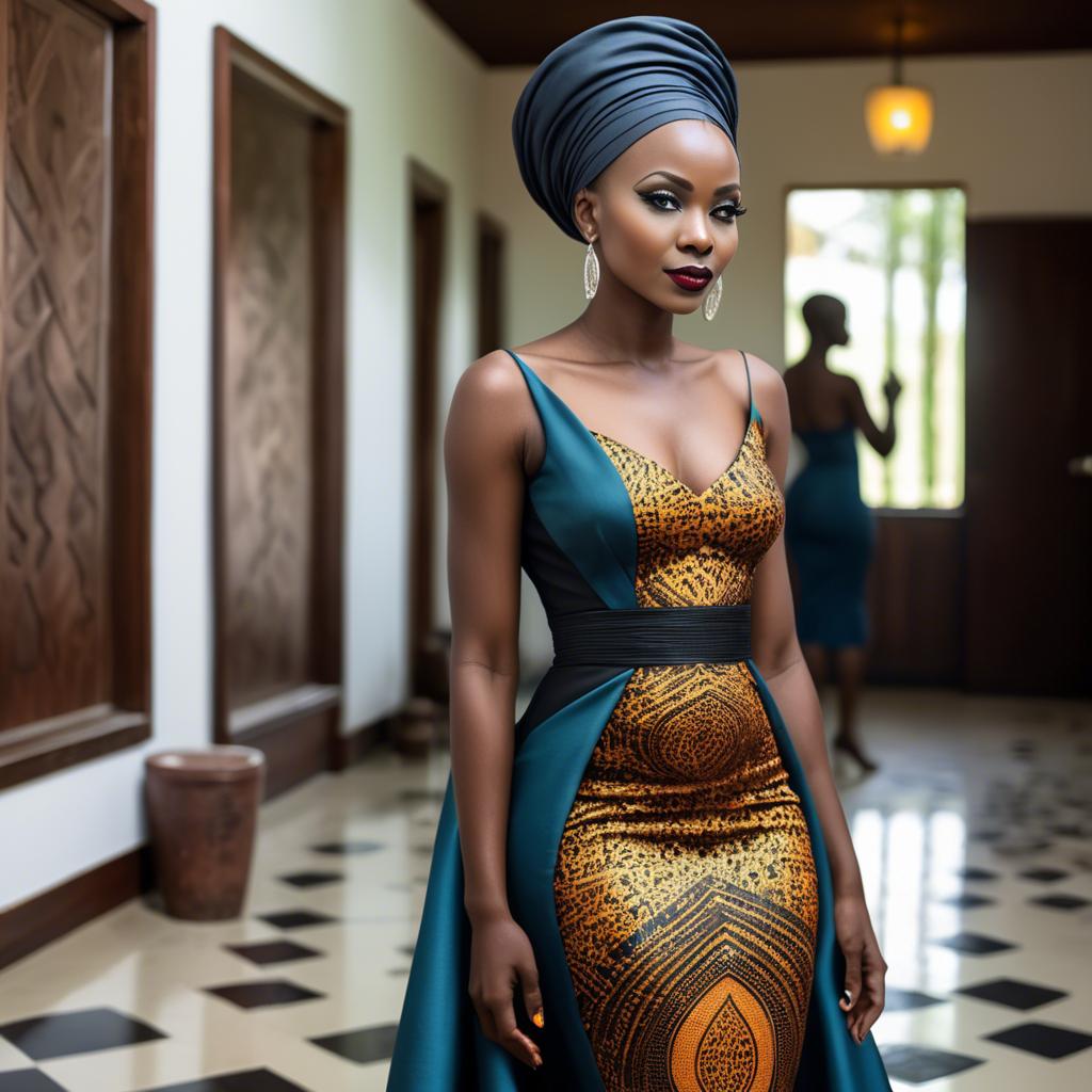 A stunning image of tanzanian enchantress wearing a sleek modern gown reflecting a contemporary african look.