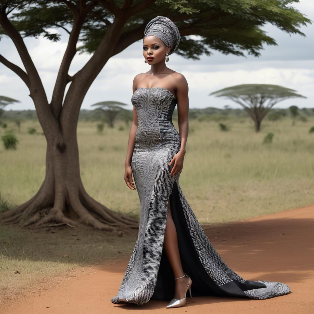 A stunning image of tanzanian enchantress wearing a sleek modern gown reflecting a contemporary african look.