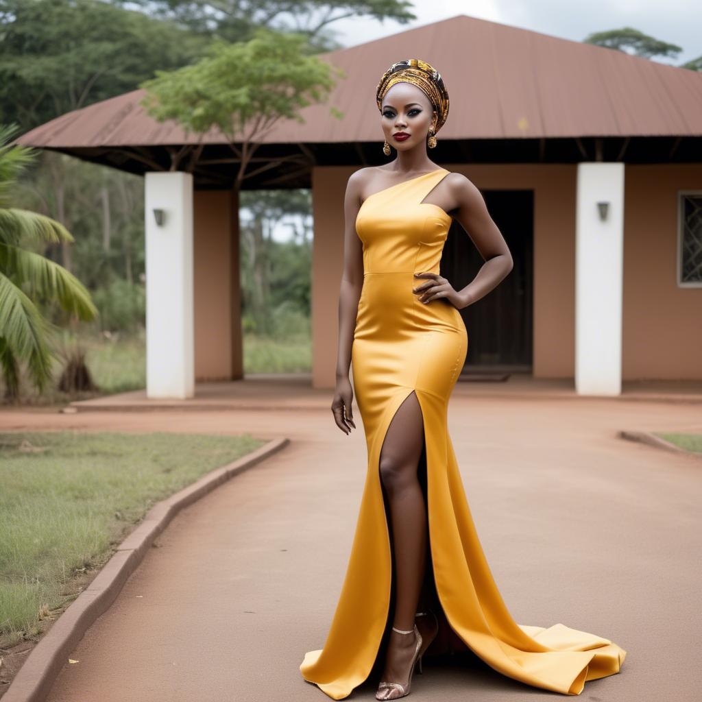 A stunning image of tanzanian enchantress wearing a sleek modern gown reflecting a contemporary african look.