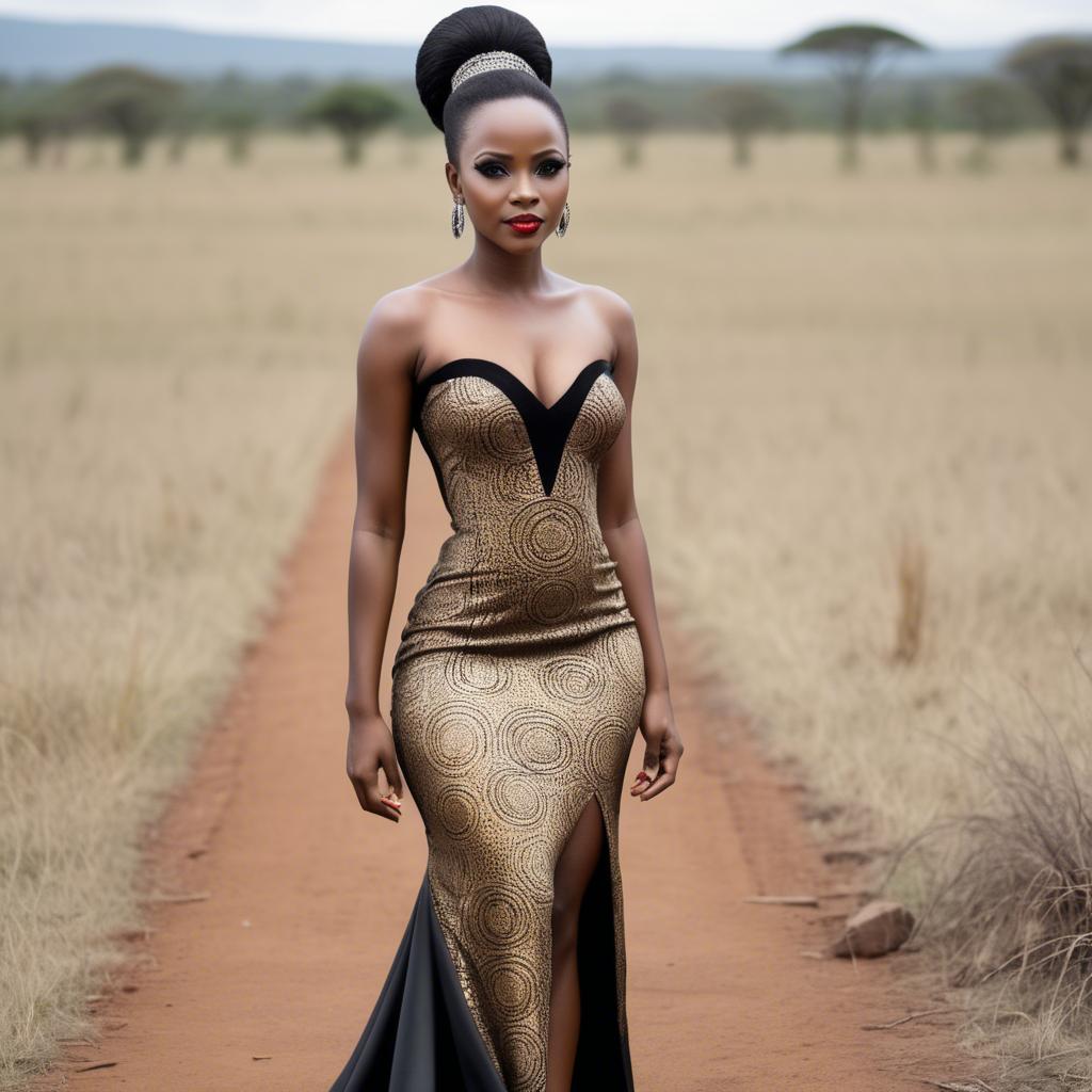 A stunning image of tanzanian enchantress wearing a sleek modern gown reflecting a contemporary african look.