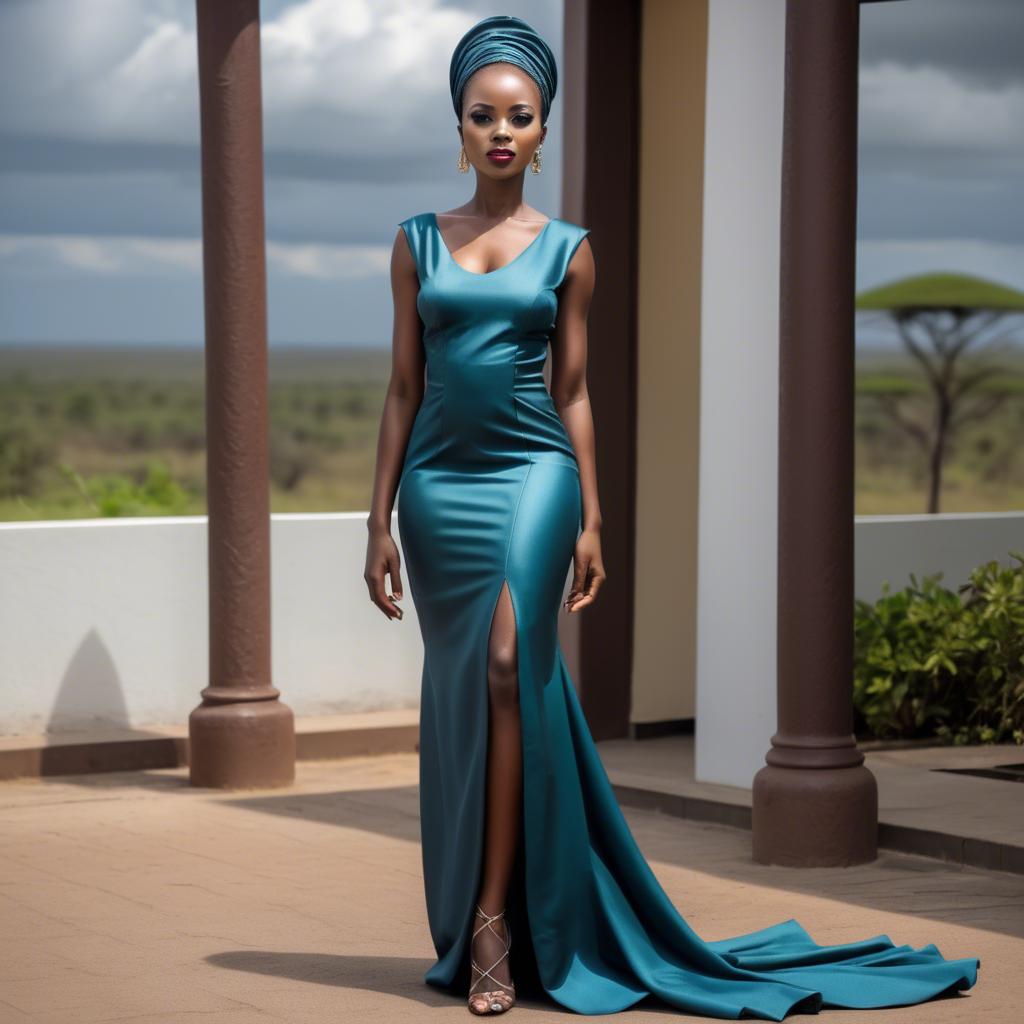 A stunning image of tanzanian enchantress wearing a sleek modern gown reflecting a contemporary african look.