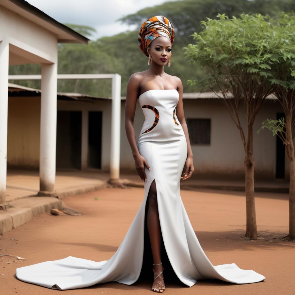 A stunning image of tanzanian enchantress wearing a sleek modern gown reflecting a contemporary african look.