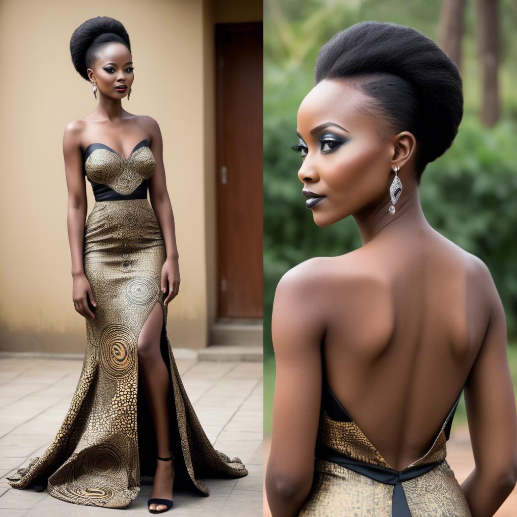 A stunning image of tanzanian enchantress wearing a sleek modern gown reflecting a contemporary african look.