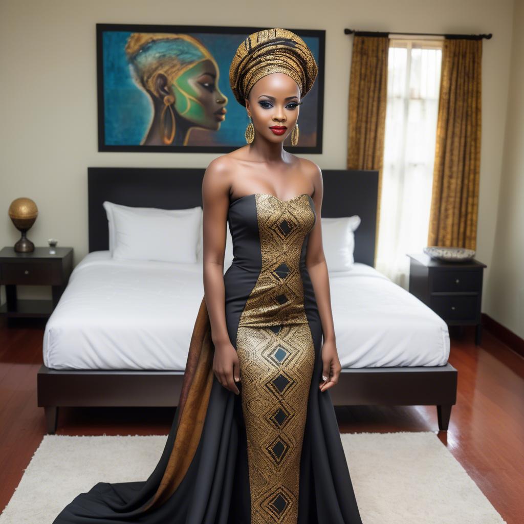 A stunning image of tanzanian enchantress wearing a sleek modern gown reflecting a contemporary african look.
