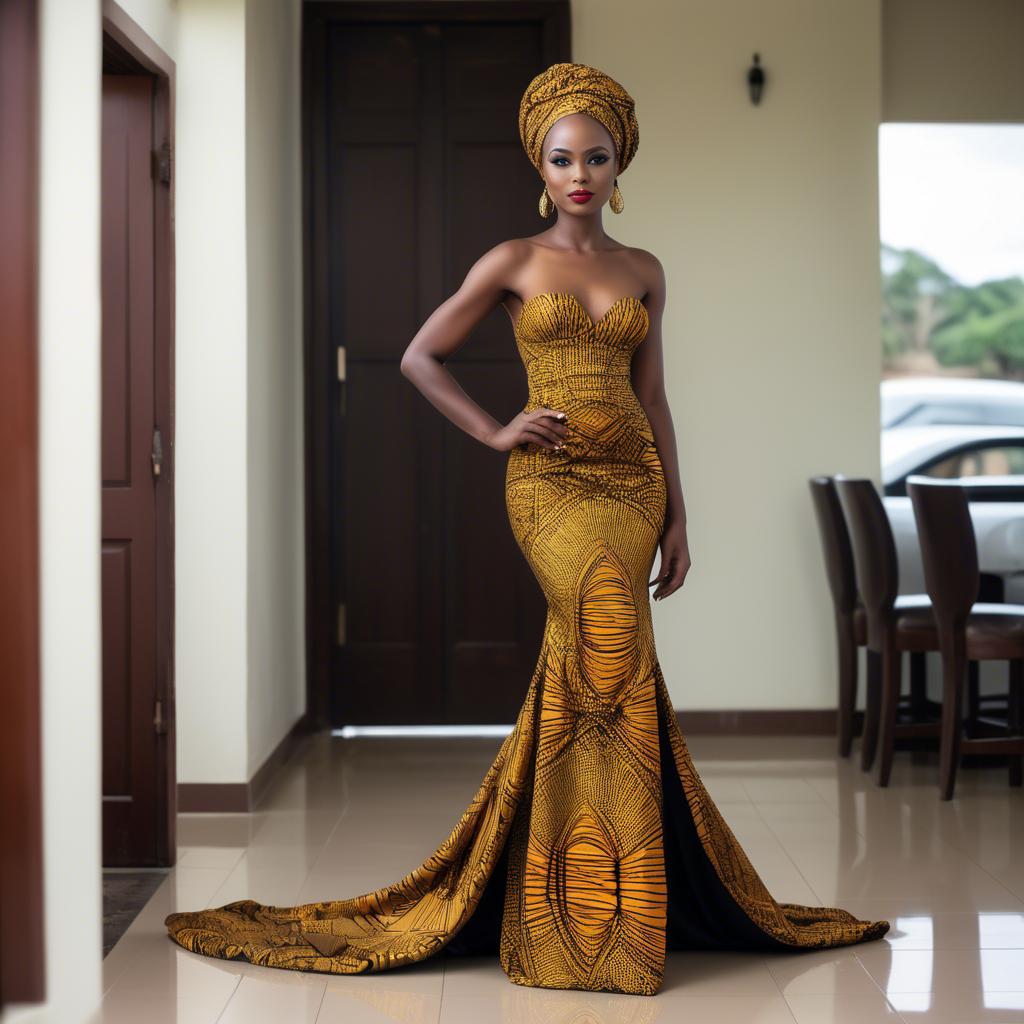 A stunning image of tanzanian enchantress wearing a sleek modern gown reflecting a contemporary african look.