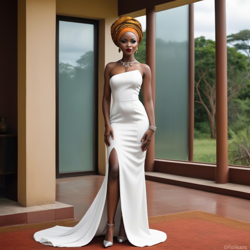 A stunning image of tanzanian enchantress wearing a sleek modern gown reflecting a contemporary african look.