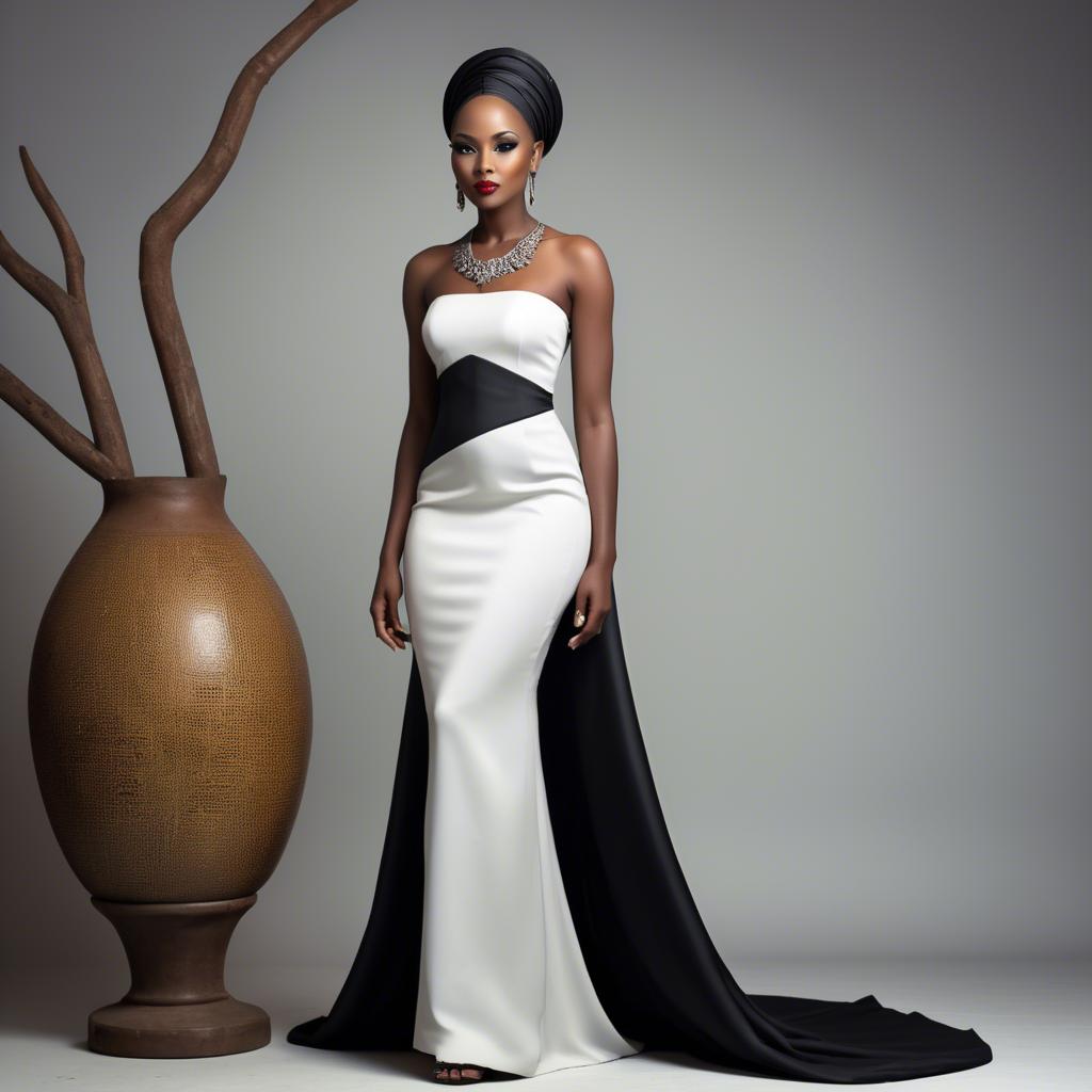 A stunning image of tanzanian enchantress wearing a sleek modern gown reflecting a contemporary african look.