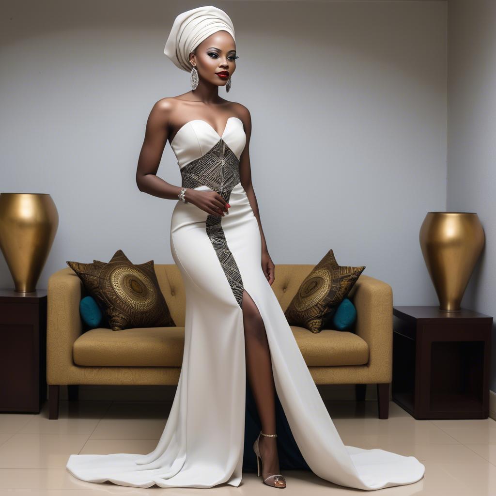 A stunning image of tanzanian enchantress wearing a sleek modern gown reflecting a contemporary african look.